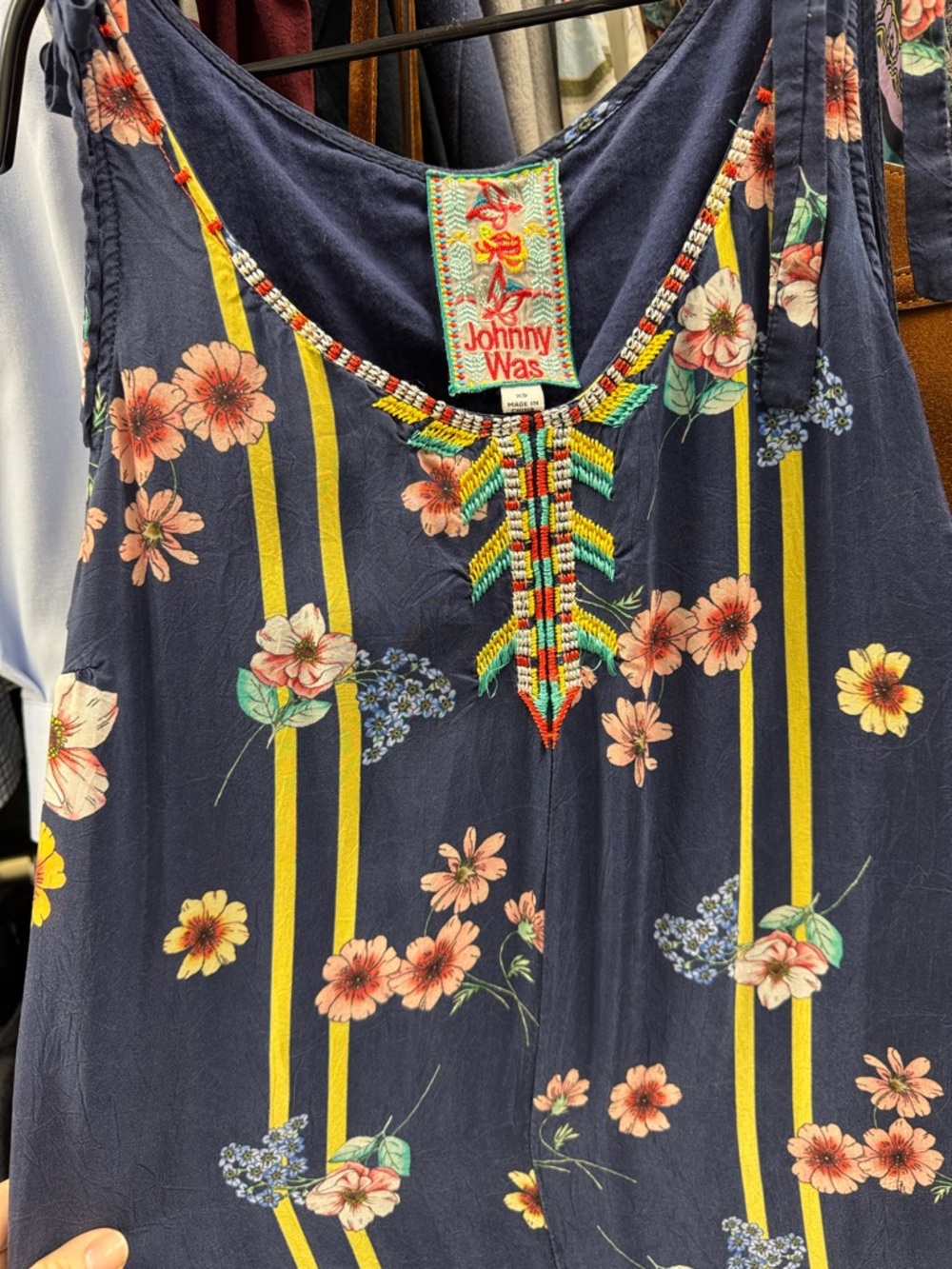 Johnny Was Navy Floral Jumper with adjustable tie straps